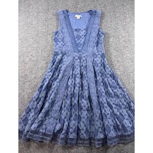 Sundance Blue Floral Lace Crochet Trim Sleeveless Fit Flare Dress V-Neck
